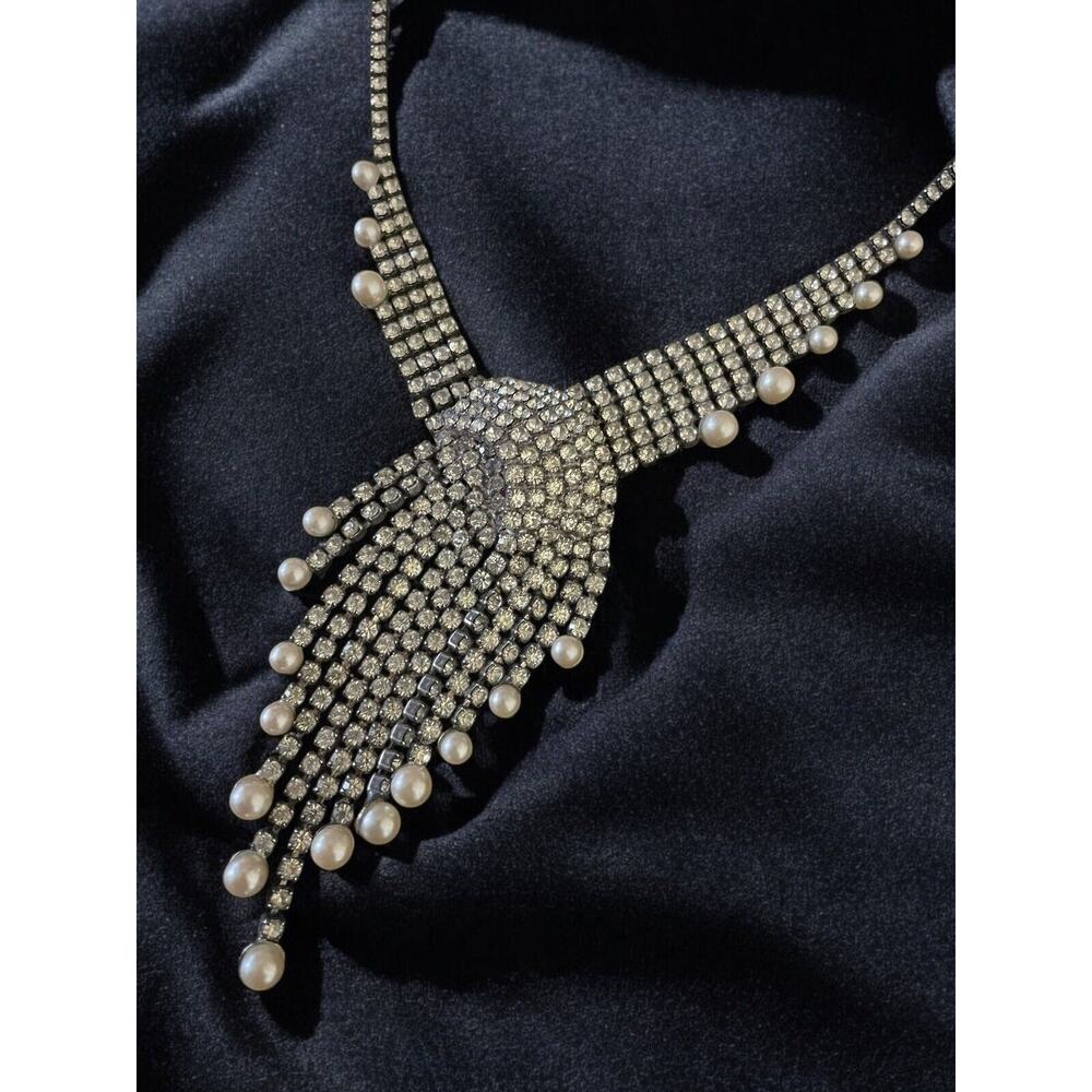 Vintage Rhinestone Swirl Glamour Pearl Dangle Necklace High End Costume Jewelry